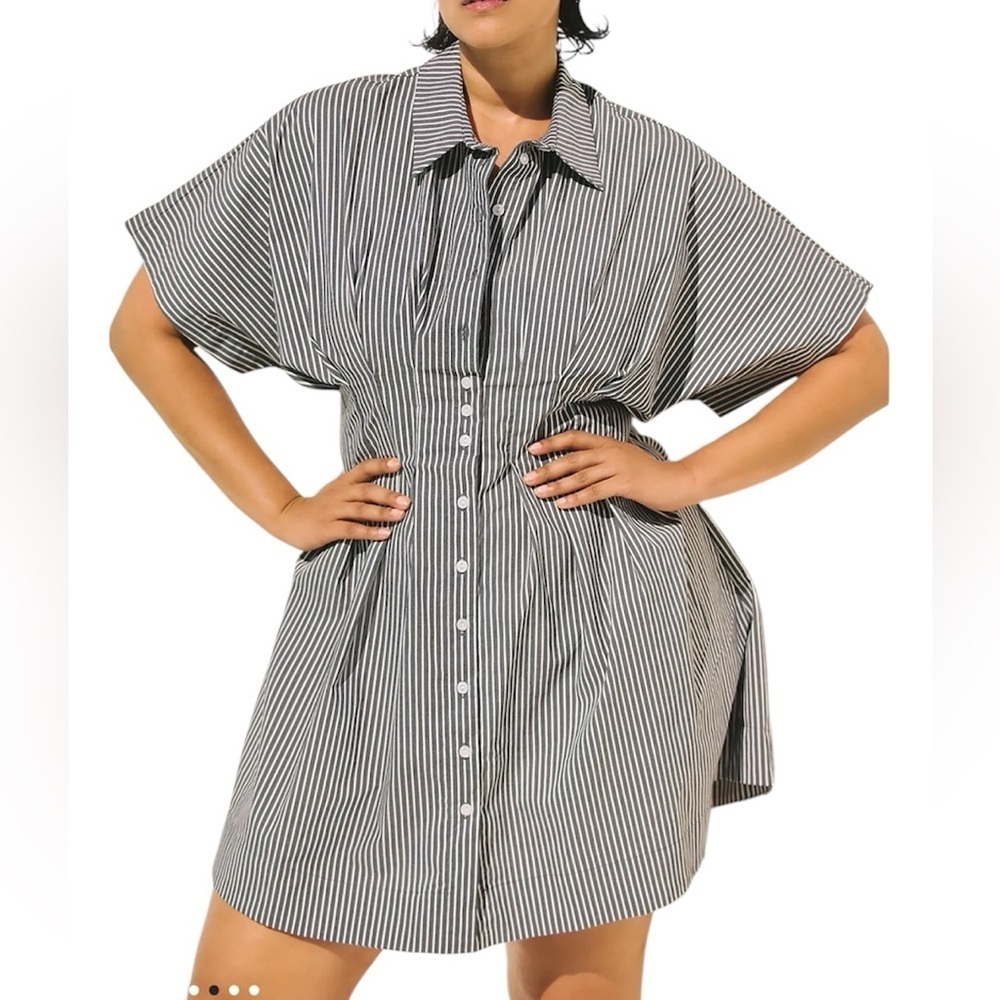 EXQUISE The Tobie Feminine Sexy Striped Shirt Dress With Side Pockets S 2X P-47